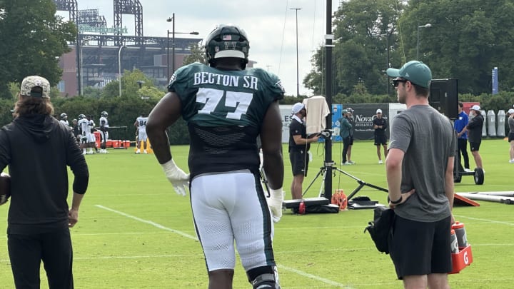 Eagles RG Mekhi Becton at practice on Aug. 18, 2024