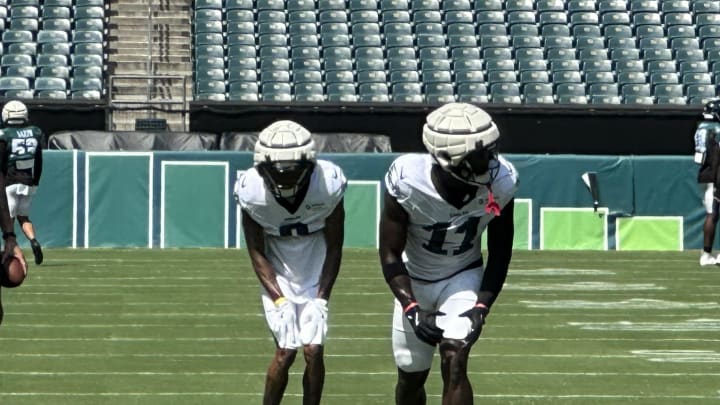 A.J. Brown and DeVonta Smith at practice on August 29, 2024.