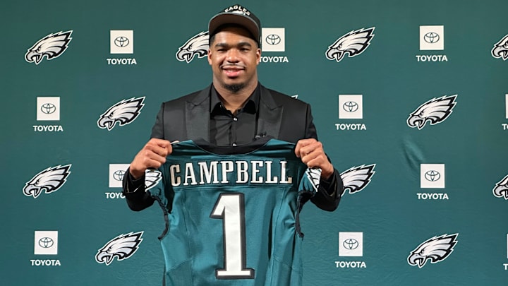 Eagles' first-round draft pick Jihaad Campbell at the NovaCare Complex on April 25, 2025.