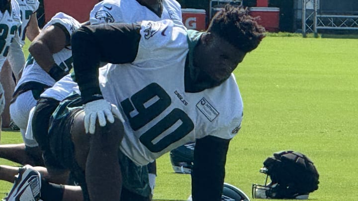 Jordan Davis stretches during Day 2 of Eagles training camp.