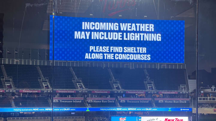 The videoboard at Target Field tells fans to take shelter amid severe weather entering the area during the Twins' game against the Atlanta Braves on Monday, Aug. 26, 2024, in Minneapolis.