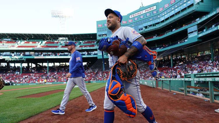 Jul 23, 2023; Boston, Massachusetts, USA; New York Mets catcher Omar Narvaez (2) walks onto the