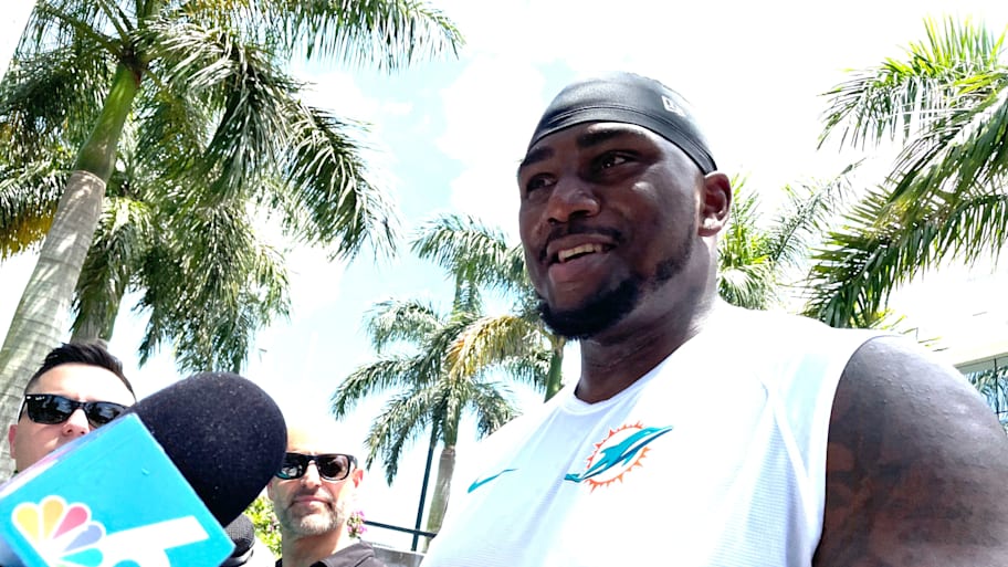 Miami Dolphins offensive lineman Bayron Matos speaks with media. | HAL HABIB / The Palm Beach Post / USA TODAY NETWORK