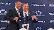 Penn State football coach Matt Campbell, left, and Athletic Director Pat Kraft pose for photos during a news conference.