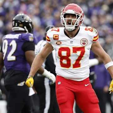 Jan 28, 2024; Baltimore, Maryland, USA; Kansas City Chiefs tight end Travis Kelce (87) celebrates after scoring a touchdown against the Baltimore Ravens during the first half in the AFC Championship football game at M&T Bank Stadium. Mandatory Credit: Geoff Burke-USA TODAY Sports