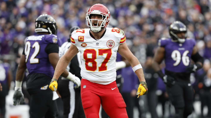 Jan 28, 2024; Baltimore, Maryland, USA; Kansas City Chiefs tight end Travis Kelce (87) celebrates after scoring a touchdown against the Baltimore Ravens during the first half in the AFC Championship football game at M&T Bank Stadium. Mandatory Credit: Geoff Burke-USA TODAY Sports