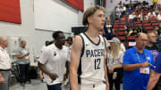 Indiana Pacers forward Johnny Furphy walks back onto the court after halftime of the Minnesota TImberwolves vs Indiana Pacers summer league game on July 14, 2024. (Mandatory Photo Credit: Tony East)