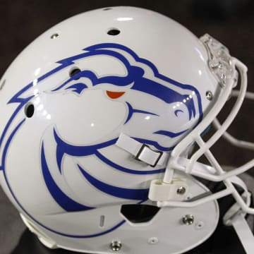 Nov 22, 2014; Laramie, WY, USA; A general view of the Boise State Broncos helmet before the game against the Wyoming Cowboys at War Memorial Stadium. Mandatory Credit: Troy Babbitt-USA TODAY Sports