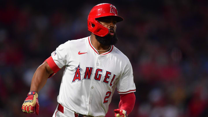 Jun 18, 2024; Anaheim, California, USA; Los Angeles Angels third base Luis Rengifo (2) runs after hitting a single against the Milwaukee Brewers during the sixth inning at Angel Stadium. Mandatory Credit: Gary A. Vasquez-USA TODAY Sports