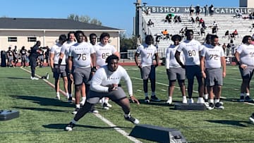 Cardinal Mooney offensive lineman Da'Ron Parks in individual drills during the Under Armour Next camp on Sunday, Feb. 23 at Bishop Moore High School in Orlando.