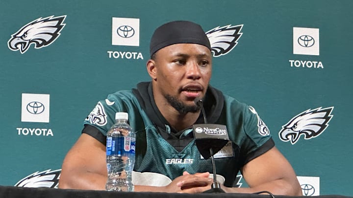 Saquon Barkley answers questions following the Eagles' minicamp practice on June 10, 2025. Saquon Barkley answers questions following the Eagles' minicamp practice on June 10, 2025.