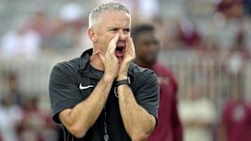 Sep 2, 2024; Tallahassee, Florida, USA; Florida State Seminoles head coach Mike Norvell before the game against the Boston College Eagles at Doak S. Campbell Stadium. Mandatory Credit: Melina Myers-Imagn Images