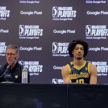 Indiana Mad Ants head coach Tom Hankins and forward Kendall Brown speak with reporters after the Mad Ants fell in the 2024 NBA G League playoffs. (Mandatory Photo Credit: Tony East)