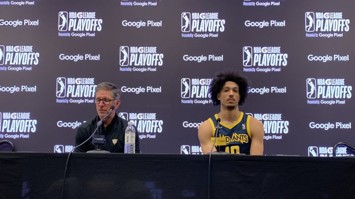 Indiana Mad Ants head coach Tom Hankins and forward Kendall Brown speak with reporters after the Mad Ants fell in the 2024 NBA G League playoffs. (Mandatory Photo Credit: Tony East)