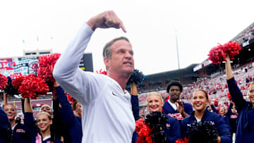Ole Miss coach Lane Kiffin celebrates after a college football game between the University of Oklahoma Sooners (OU) and the Ole Miss Rebels at Gaylord Family Ð Oklahoma Memorial Stadium in Norman, Okla., Saturday, Oct. 25, 2025. Ole Miss won 34-26.