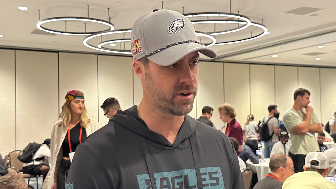 Eagles' Kevin Patullo talks during media availability at Super Bowl LIX.