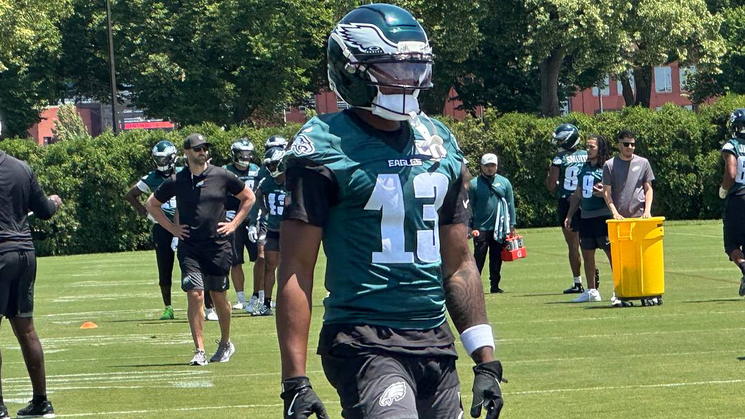 Dontayvion Wicks during an Eagles minicamp practice. Dontayvion Wicks during an Eagles minicamp practice.