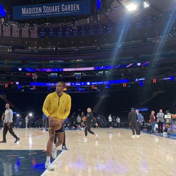 Indiana Pacers center Myles Turner warms up before the Indiana Pacers take on the New York Knicks in Madison Square Garden on May 14, 2024. (Mandatory Photo Credit: Pacers SI)