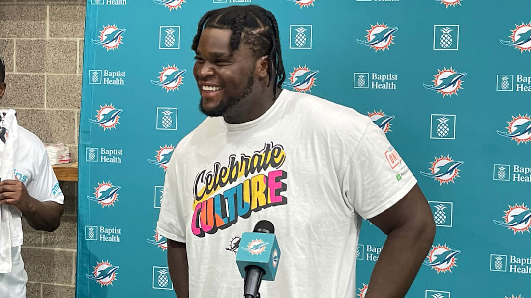 Miami Dolphins DT Kenneth Grant speaks to reporters after the joint practice in Chicago.