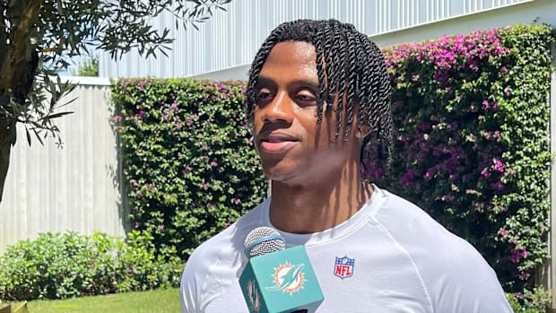 Miami Dolphins fifth-round pick Jason Marshall Jr. talks to the media on the first day of rookie minicamp