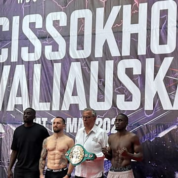 Cissokho set to face Kavaliauskas in Malabo seen here at the wiegh-in on May 9, 2025