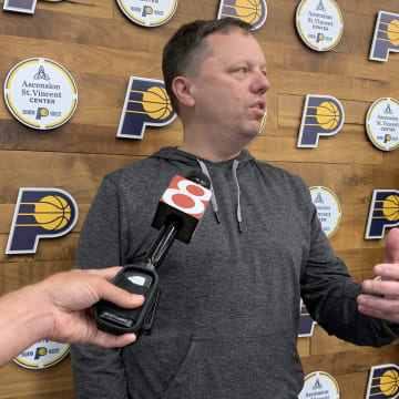 Indiana Pacers VP of Player Personnel Ryan Carr speaks with the media on June 20, 2024. (Mandatory Photo Credit: Pacers On SI)