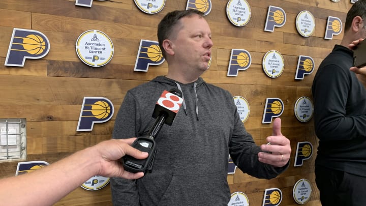 Indiana Pacers VP of Player Personnel Ryan Carr speaks with the media on June 20, 2024. (Mandatory Photo Credit: Pacers On SI)