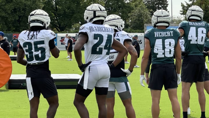 Eagles undrafted rookie free agent safety Andre' Sam (35) with veteran James Bradberry (24) during training camp practice.