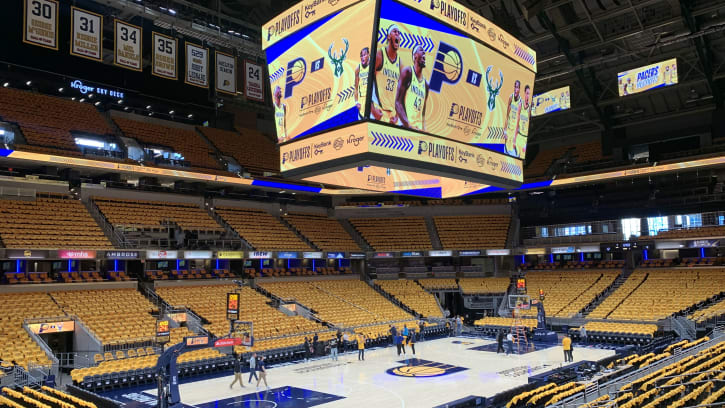 The inside of Gainbridge Fieldhouse ahead of the Indiana Pacers Game 3 playoff meeting with the Milwaukee Bucks. (Mandatory Photo Credit: AllPacers)