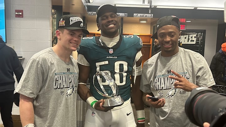 Eagles rookies, from left to right, Cooper DeJean, Jalyx Hunt, and Quinyon Mitchell celebrate becoming NFC champions after beating the Washington Commanders. They have at least one more journey left in their debut NFL seasons.
