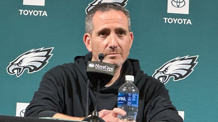 Eagles GM Howie Roseman speaks to reporters at the NovaCare Complex on April 15, 2025.