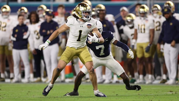 Notre Dame's Jaden Greathouse makes a play against Penn State in the 2025 Orange Bow
