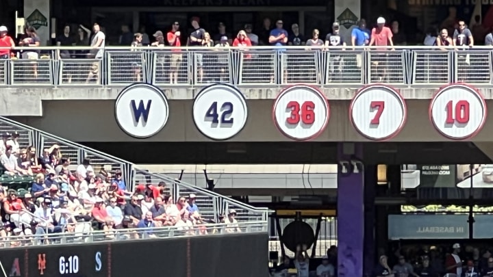 The Twins retired the Washington Senators' "W" during a pregame ceremony honoring the Senators' 1924 World Series championship ahead of their series finale against the Cleveland Guardians on Sunday, Aug. 11, 2024, at Target Field in Minneapolis.