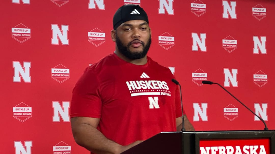 Nebraska center Justin Evans meets with the media ahead of 2026 spring practices.
