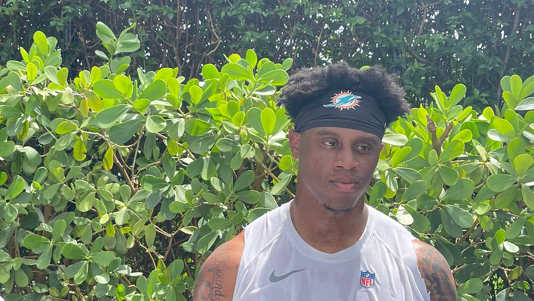 Miami Dolphins CB Jason Marshall Jr. addresses the media after a minicamp practice August 3.