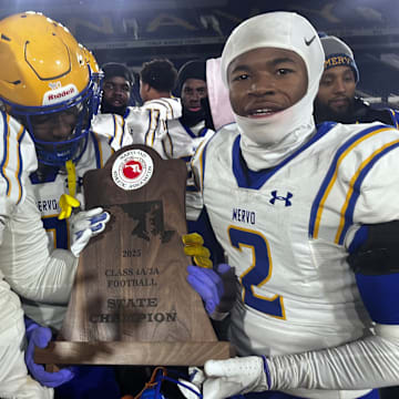 Mervo celebrates its 2025 MPSSAA Class 4A/3A state championship after is 40-20 win over Sherwood.