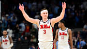 Mar 21, 2025; Milwaukee, WI, USA; Mississippi Rebels guard Sean Pedulla (3) celebrates after a play during the second half of a first round NCAA men’s tournament game against the North Carolina Tar Heels at Fiserv Forum. Mandatory Credit: Benny Sieu-Imagn Images