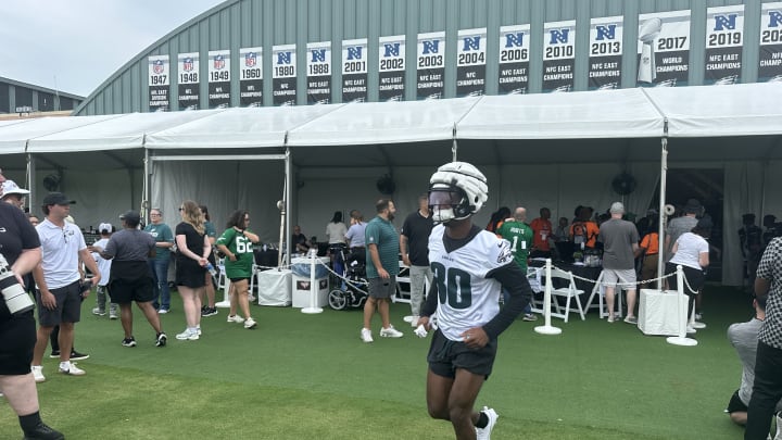 Eagles rookie Quinyon Mitchell takes the field for practice during training camp.