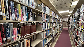 Books line the shelves at the Bayliss Public Library in Sault Ste. Marie.