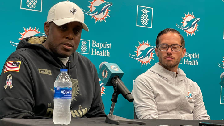 Dolphins general manager Chris Grier and coach Mike McDaniel