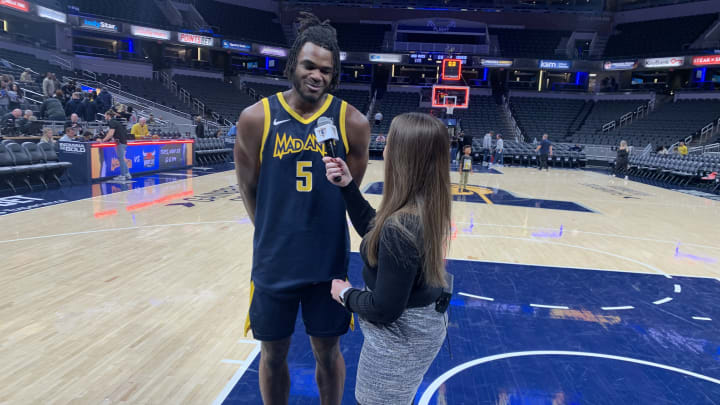 Indiana Pacers forward Jarace Walker goes through a postgame interview after suiting up for the G League's Indiana Mad Ants (Mandatory Photo Credit: Pacers on SI)