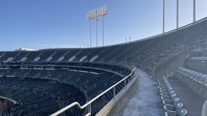 The quiet of the upper deck at the Oakland Coliseum.