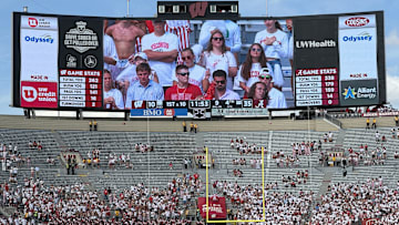 Sep 14, 2024; Madison, Wisconsin, USA; Fans in the student section depart a game between the Wisconsin Badgers and the Alabama Crimson Tide during the fourth quarter at Camp Randall Stadium. Alabama won 42-10. Mandatory Credit: Mark Hoffman/USA TODAY Network via Imagn Images