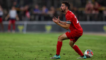 Jul 9, 2024; Kennesaw, Georgia, USA; Indy Eleven midfielder Tyler Gibson (22) reacts after a foul call against the Atlanta United in the second half at Fifth Third Bank Stadium. Mandatory Credit: Brett Davis-USA TODAY Sports
