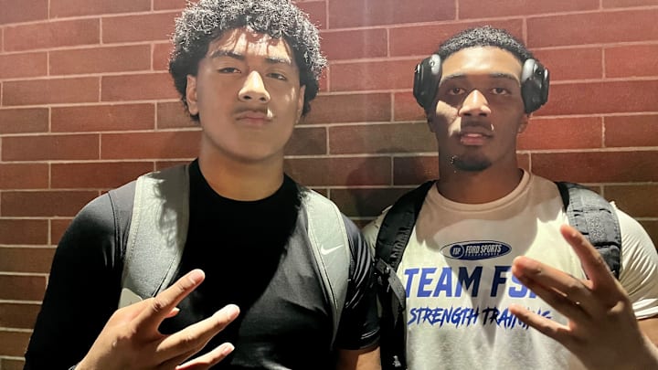 Graham-Kapowsin's A.J. Tuivaiave, left, and Bethel's Zaydrius Rainey-Sale meet after Eagles' 26-24 win at Art Crate Field.