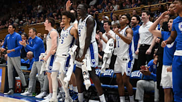 Dec 10, 2024; Durham, North Carolina, USA; The Duke Blue Devils bench reacts during the second half against the Incarnate Word Cardinals at Cameron Indoor Stadium. 