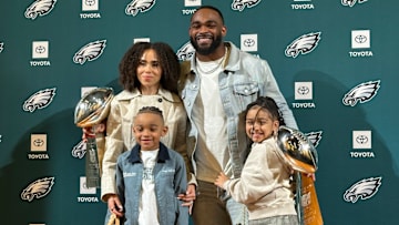 Brandon Graham at his retirement press conference with the two Lombardi Trophies he helped deliver to the Eagles, his wife, Carlyne, and kids Bryson (left) and Emerson.