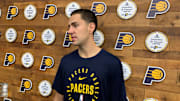 Indiana Pacers wing Cole Swider speaks with reporters after a practice on October 2, 2024. (Mandatory Photo Credit: Pacers On SI)