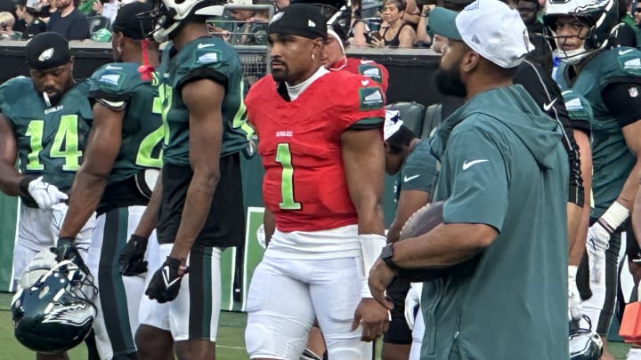 Eagles quarterback Jalen Hurts at open practice at Lincoln Financial Field on Aug, 1, 2024