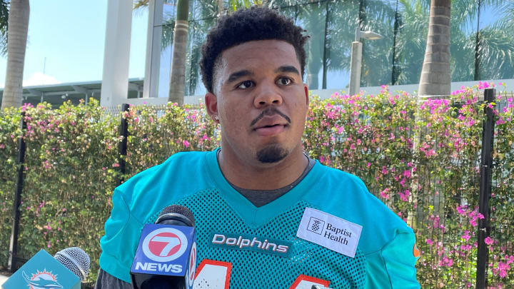 Edge rusher Chop Robinson, the Dolphins' first-round draft pick, meets with reporters during minicamp.